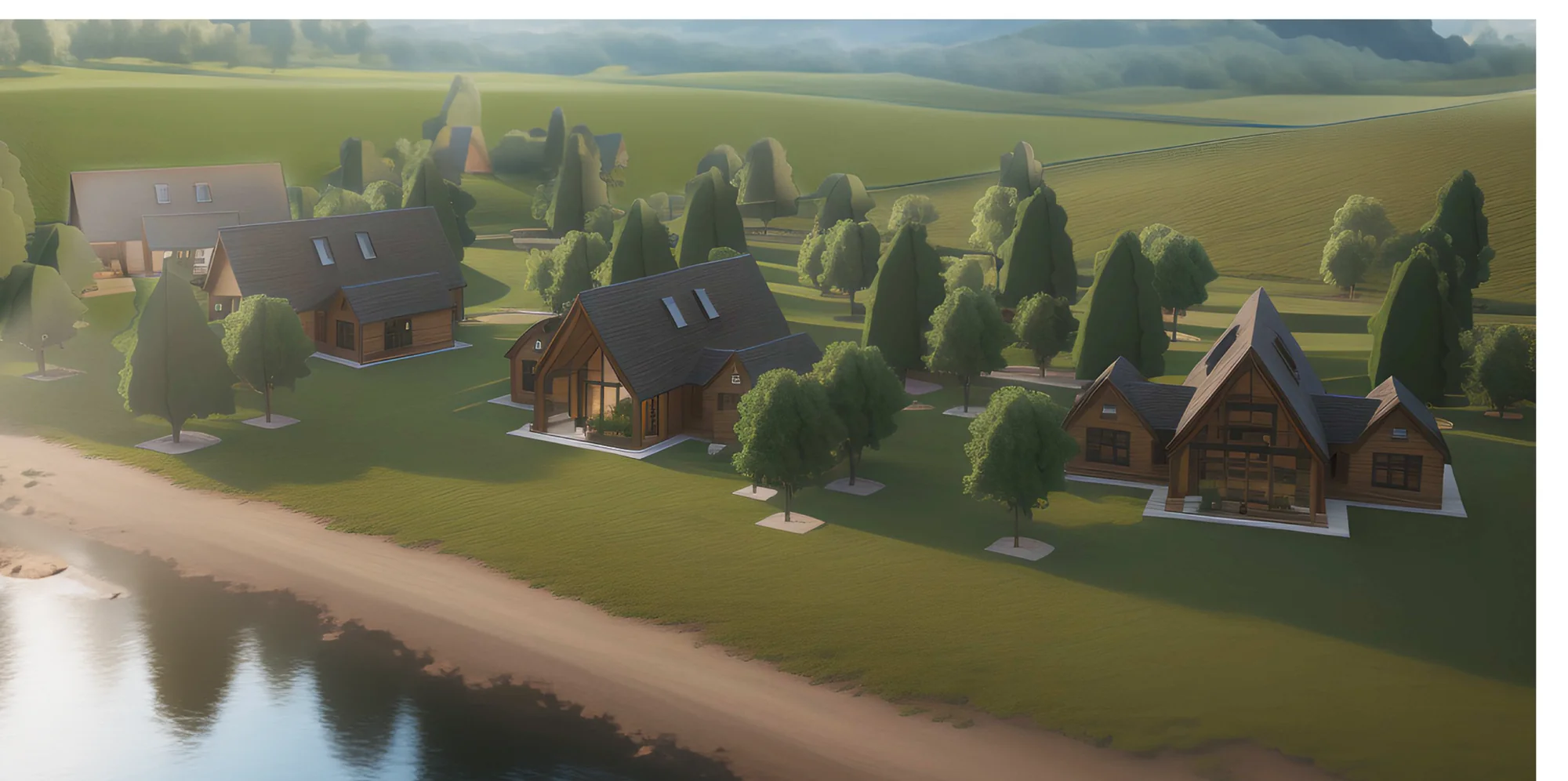 Closer evening render of the same master planned cabin community beside the river