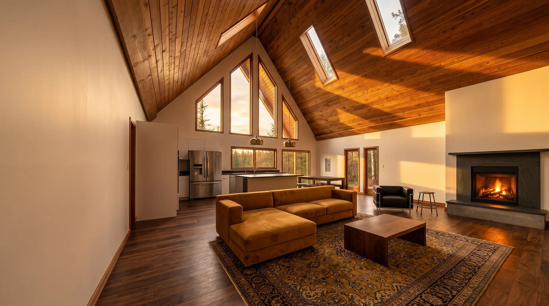 Photoreal interior render of a warm cabin living room with vaulted wood ceiling, fireplace and golden evening light